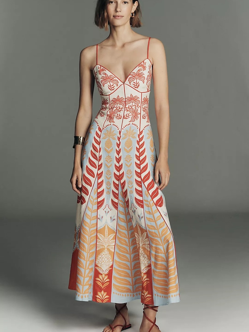 FARM Rio Ivory Maxi Dress with Coral and Mustard Botanical Print
